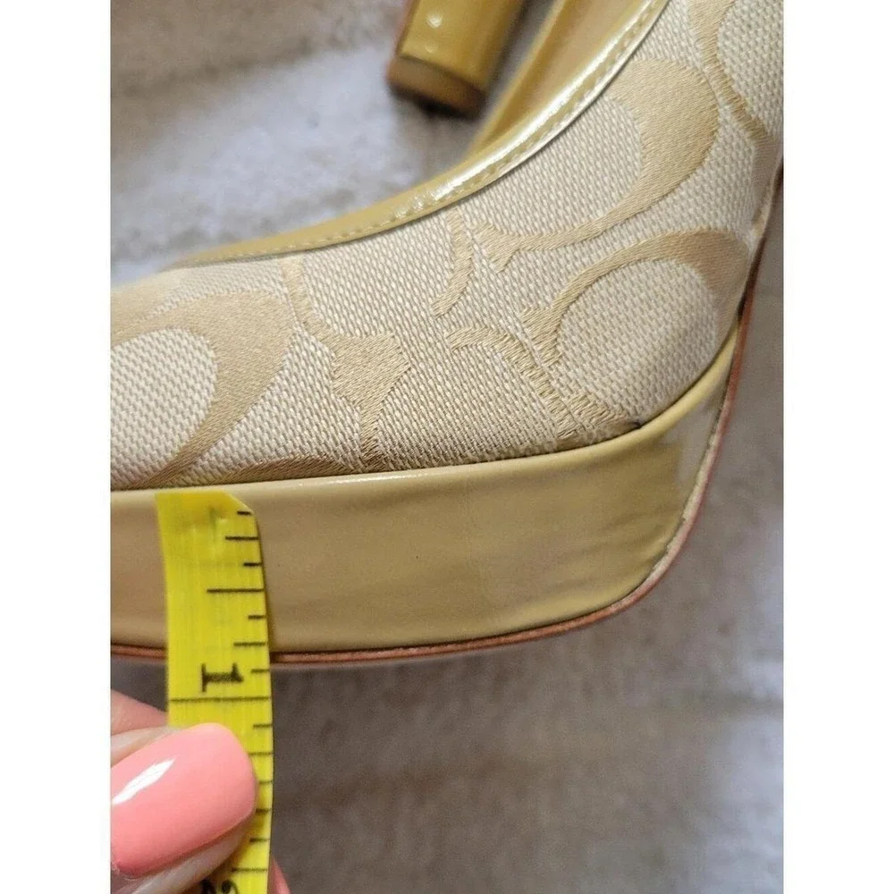Coach Beige Gold Monogram Peep-Toe Platform Heels EUC 8.5 Minimalist Coquette
